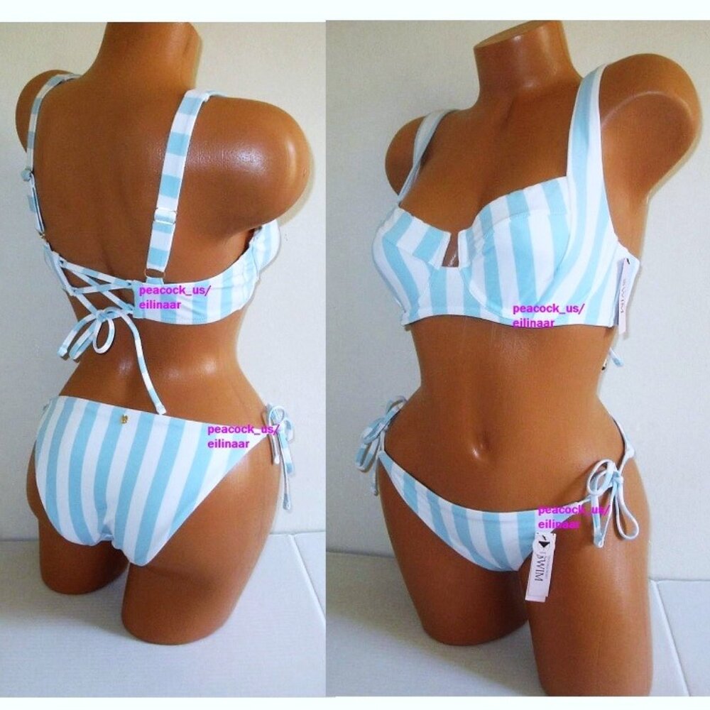38DD/XL VICTORIA SECRET SWIM Lace-Up Back Top Bikini Set Side Tie Cheeky striped